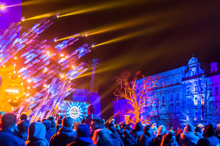 KRAKOW, POLAND - DEC 31, 2014: Historical Town Hall on the Main Market Square in Krakow during the celebration of the inhabitants of the New Year.のeditorial素材