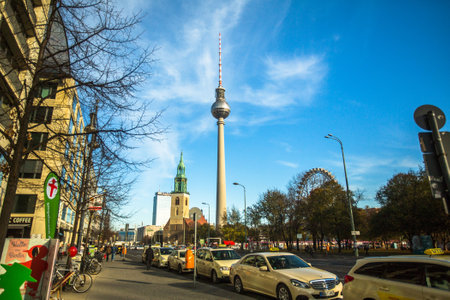 BERLIN, GERMANY - NOV 17, 2014: View of the Berlin TV Tower (Fernsehturm) is a television tower in...