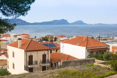 PYLOS, GREECE - OCT 6, 2014: View of the island. Pylos has a long history, In Classical times, the site was uninhabited, but became the site of the Battle of Pylos in 425 BC, during Peloponnesian War.のeditorial素材