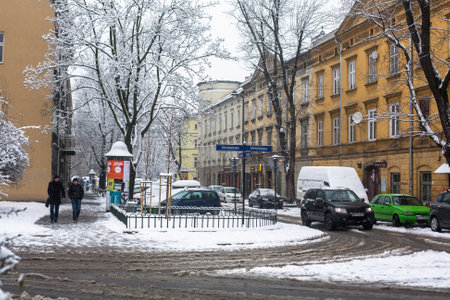 KRAKOW, POLAND - JAN 25, 2015: One of the streets of Kazimierz  quarter, is a historical district of Krakow and historical monument Decree President Walesa Sep 8, 1994, also declared a World Heritage Site.のeditorial素材