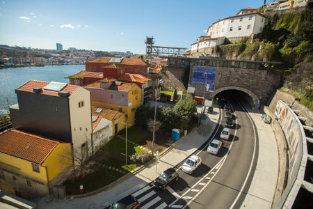 PORTO, PORTUGAL - FEB 17, 2015: Ribeira, view of Douro river at Porto. In 1996, UNESCO recognised Old Town of Porto as a World Heritage Site.のeditorial素材