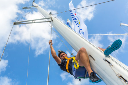 HYDRA, GREECE - CIRCA OCT, 2014: Unidentified sailors participate in sailing regatta 12th Ellada Autumn 2014 among Greek island group in the Aegean Sea, in Cyclades and Argo-Saronic Gulf.のeditorial素材