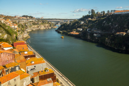 PORTO, PORTUGAL - FEB 17, 2015: Top View of Douro river at center of Porto. In 1996, UNESCO recognised Old Town of Porto as a World Heritage Site.のeditorial素材