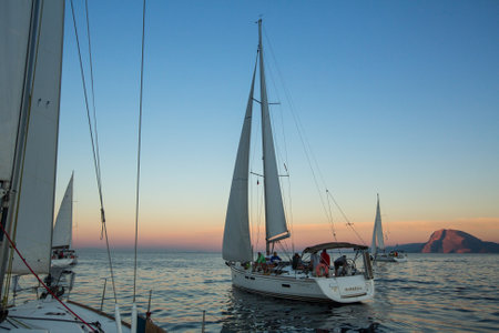 PATRAS, GREECE - CIRCA OCT, 2014: Unidentified sailboats participate in sailing regatta 12th Ellada Autumn 2014 among Greek island group in the Aegean Sea, in Cyclades and Argo-Saronic Gulf.のeditorial素材