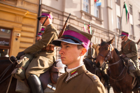 KRAKOW, POLAND - NOV 11, 2014: Unidentified participants celebrating National Independence Day an Republic of Poland - is a public holiday, celebrated every year from 1918 year.のeditorial素材