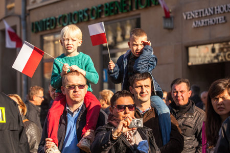 KRAKOW, POLAND - NOV 11, 2014: Unidentified participants celebrating National Independence Day an Republic of Poland - is a public holiday, celebrated every year from 1918 year.のeditorial素材