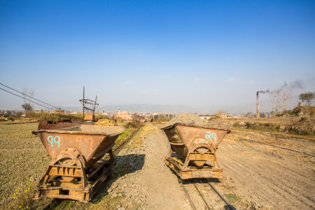 BHAKTAPUR, NEPAL - CIRCA DEC, 2013: On-site local Brick Factory. A survey found 74 kilns in the Bhaktapur district of KTM. In Kathmandu, respiratory problems occur at 12 times the national average.のeditorial素材