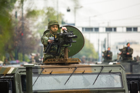 ATHENS, GREECE - MAR 25, 2015: Unidentified participants and military equipment during Military parade at national holiday - Day of National Revival Greece or Independence Day of Greece.のeditorial素材