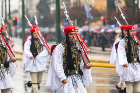 ATHENS, GREECE - MAR 25, 2015: During Independence Day or Day of National Revival Greece is an annual national holiday, on this day, Greeks pay tribute to the heroes of the Revolution 1821-1829.のeditorial素材