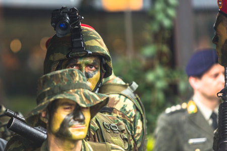 ATHENS, GREECE - MAR 25, 2015: Unidentified participants and military equipment during Military parade at national holiday - Day of National Revival Greece or Independence Day of Greece.のeditorial素材
