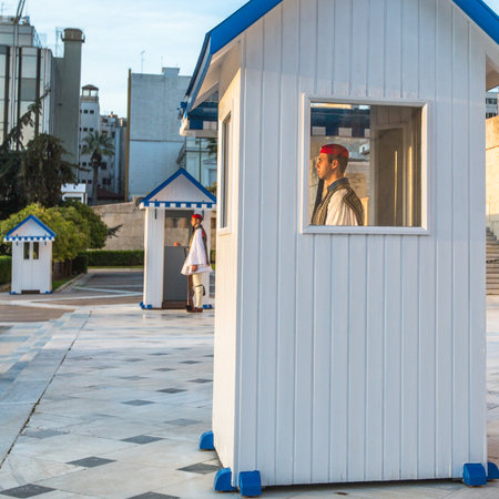 ATHENS, GREECE - APR 12, 2015: Greek soldiers Evzones (or Evzoni) dressed in full dress uniform, refers to the members of the Presidential Guard, an elite ceremonial unit, active from 1833 - present.のeditorial素材