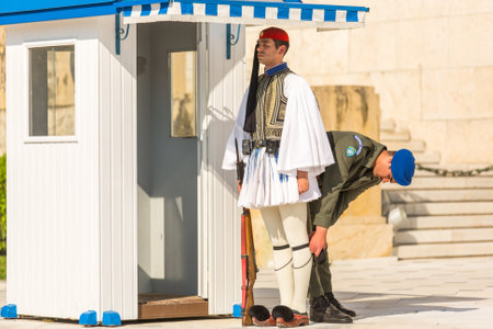 ATHENS, GREECE - APR 13, 2015: Greek soldiers Evzones (or Evzoni) dressed in full dress uniform,...
