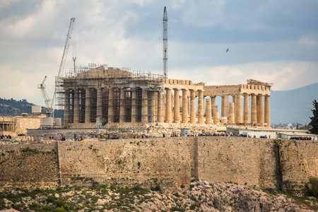 ATHENS, GREECE - APR 7, 2015: Parthenon temple on the Acropolis hill. Parthenon is a former temple on the Athenian Acropolis, dedicated to the goddess Athena. Construction began in 447 BC.のeditorial素材