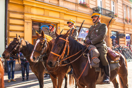 KRAKOW, POLAND - NOV 11, 2014: Unidentified participants celebrating National Independence Day an Republic of Poland - is a public holiday, celebrated every year from 1918 year.のeditorial素材