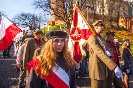 KRAKOW, POLAND - NOV 11, 2014: Unidentified participants celebrating National Independence Day an Republic of Poland - is a public holiday, celebrated every year from 1918 year.のeditorial素材