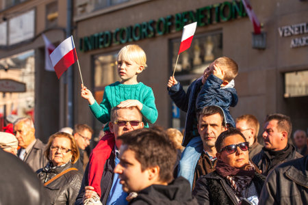 KRAKOW, POLAND - NOV 11, 2014: Unidentified participants celebrating National Independence Day an Republic of Poland - is a public holiday, celebrated every year from 1918 year.のeditorial素材