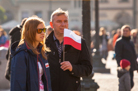 KRAKOW, POLAND - NOV 11, 2014: Unidentified participants celebrating National Independence Day an Republic of Poland - is a public holiday, celebrated every year from 1918 year.のeditorial素材