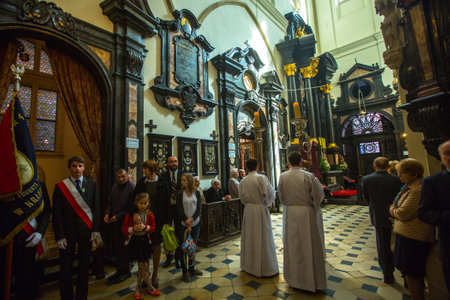 KRAKOW, POLAND - MAY 3, 2015: During a solemn Church service on the occasion of annual Polish national and public holiday the May 3rd Constitution Day (of May 3, 1791)のeditorial素材
