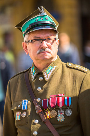KRAKOW, POLAND - MAY 3, 2015: Unidentified participants annual of Polish national and public holiday the May 3rd Constitution Day. Holiday celebrates declaration of the Constitution of May 3, 1791.のeditorial素材