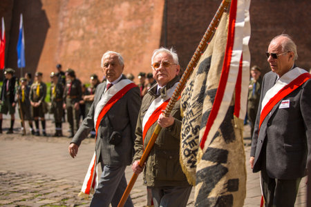 KRAKOW, POLAND - MAY 3, 2015: Unidentified participants annual of Polish national and public holiday the May 3rd Constitution Day. Holiday celebrates declaration of the Constitution of May 3, 1791.のeditorial素材