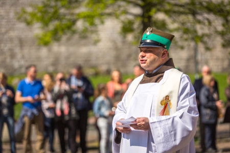 KRAKOW, POLAND - MAY 3, 2015: Unidentified participants annual of Polish national and public holiday the May 3rd Constitution Day. Holiday celebrates declaration of the Constitution of May 3, 1791.のeditorial素材