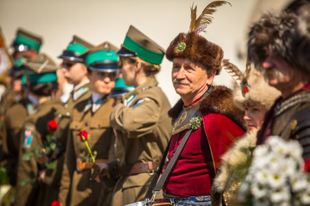 KRAKOW, POLAND - MAY 3, 2015: Unidentified participants annual of Polish national and public holiday the May 3rd Constitution Day. Holiday celebrates declaration of the Constitution of May 3, 1791.のeditorial素材