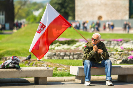 KRAKOW, POLAND - MAY 3, 2015: Unidentified participants annual of Polish national and public holiday the May 3rd Constitution Day. Holiday celebrates declaration of the Constitution of May 3, 1791.のeditorial素材