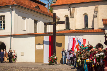 KRAKOW, POLAND - MAY 3, 2015: Unidentified participants annual of Polish national and public holiday the May 3rd Constitution Day. Holiday celebrates declaration of the Constitution of May 3, 1791.のeditorial素材