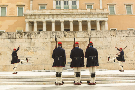 ATHENS, GREECE - CIRCA APR, 2015: Greek soldiers Evzones (or Evzoni) dressed in service uniform, refers to the members of Presidential Guard, an elite ceremonial unit, active from 1833 to present.のeditorial素材