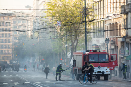 ATHENS, GREECE - CIRCA APR, 2015: Leftist and anarchist groups seeking abolition of new maximum...