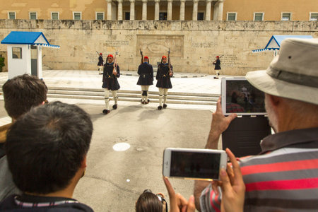ATHENS, GREECE - CIRCA APR, 2015: Greek soldiers Evzones (or Evzoni) dressed in service uniform, refers to the members of Presidential Guard, an elite ceremonial unit, active from 1833 to present.のeditorial素材