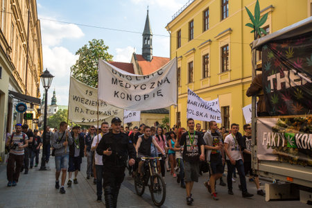 KRAKOW, POLAND - MAY 9, 2015: Unidentified participants of the March For Cannabis Liberation....