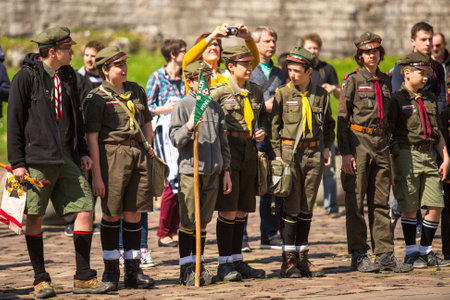 KRAKOW, POLAND - MAY 3, 2015: Unidentified participants annual of Polish national and public holiday the May 3rd Constitution Day. Holiday celebrates declaration of the Constitution of May 3, 1791.のeditorial素材