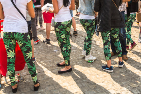 KRAKOW, POLAND - MAY 9, 2015: Unidentified participants of the March For Cannabis Liberation. Marijuana Marches is a global movement manifesto fighting for a rational approach towards hemp plant.のeditorial素材