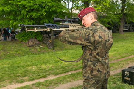 KRAKOW, POLAND - MAY 3, 2015: Polish soldier during demonstration of the military and rescue...
