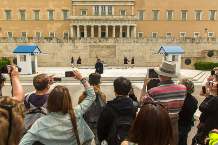 ATHENS, GREECE - CIRCA APR, 2015: Greek soldiers Evzones (or Evzoni) dressed in service uniform, refers to the members of Presidential Guard, an elite ceremonial unit, active from 1833 to present.のeditorial素材