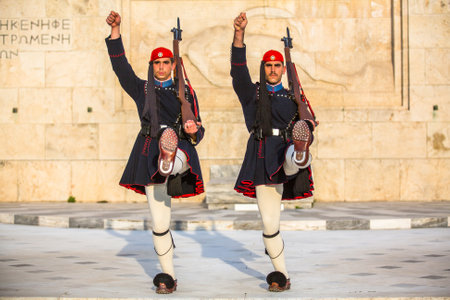 ATHENS, GREECE - CIRCA APR, 2015: Evzone guarding the Tomb of Unknown Soldier in Athens dressed in service uniform, refers to the members of the Presidential Guard, an elite ceremonial unit.のeditorial素材