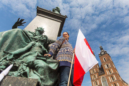 KRAKOW, POLAND - MAY 2, 2015: National Flag Day of the Republic of Poland (by the Act of 20 Feb 2004) celebrated between the holidays: May 1st (Labour Day) and May 3rd - Feast of Polish Constitution.のeditorial素材