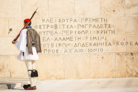 ATHENS, GREECE - CIRCA APR, 2015: Greek soldiers Evzones dressed in full dress uniform, refers to the members of the Presidential Guard, an elite ceremonial unit, active from 1833 to present.のeditorial素材