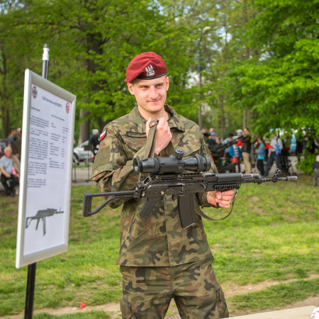 KRAKOW, POLAND - MAY 3, 2015: Polish soldier during demonstration of the military and rescue equipment in the framework annual Polish national and public holiday the Constitution Day May 3rd.のeditorial素材