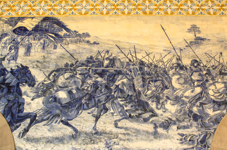 PORTO, PORTUGAL - JUNE 9, 2015: Ancient vintage azulejos picture in the old Sao Bento Railway Station of Porto. Building of Sao Bento station is a popular tourist attraction of Europe.のeditorial素材