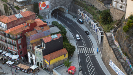 PORTO, PORTUGAL - JUNE 9, 2015: Ribeira, road and tunnel, top view from Dom Luis I Bridge in historic center of Porto. のeditorial素材