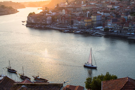 PORTO, PORTUGAL - JUNE 9, 2015: Top View of Douro river and Ribeira in historic center of Porto. のeditorial素材