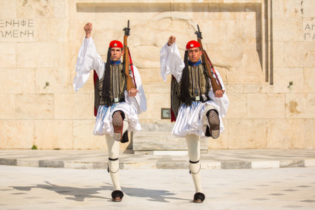 ATHENS, GREECE - CIRCA APR, 2015: Greek soldiers Evzones dressed in full dress uniform, refers to the members of the Presidential Guard, an elite ceremonial unit, active from 1833 to present.のeditorial素材