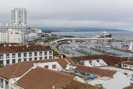 Top view of the Marina of Ponta Delgada (San Miguel Island) Azores, Atlantic Ocean, Portugal.の写真素材
