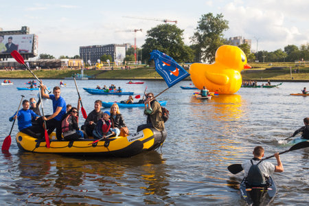 KRAKOW, POLAND - JUNE 21, 2015: Unidentified participants during a public event called 4th Water Critical Mass. The annual event is held for since 2012 under the motto - Vistula for All.のeditorial素材