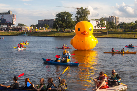 KRAKOW, POLAND - JUNE 21, 2015: Unidentified participants during a public event called 4th Water Critical Mass. The annual event is held for since 2012 under the motto - Vistula for All.のeditorial素材