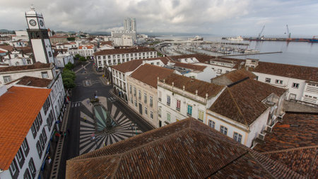 PONTA DELGADA, AZORES/PORTUGAL - JUN 15, 2015: Top view of center of Ponta Delgada. City is located on Sao Miguel Island (232.99 km2) Region capital under the revised constitution of 1976.のeditorial素材