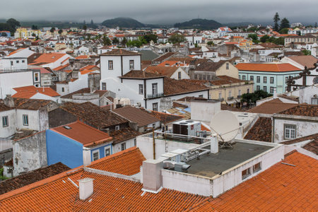 PONTA DELGADA, PORTUGAL - JUN 15, 2015: Top view of center of Ponta Delgada (Azores). City is located on Sao Miguel Island (232.99 km2) Region capital under the revised constitution of 1976.のeditorial素材