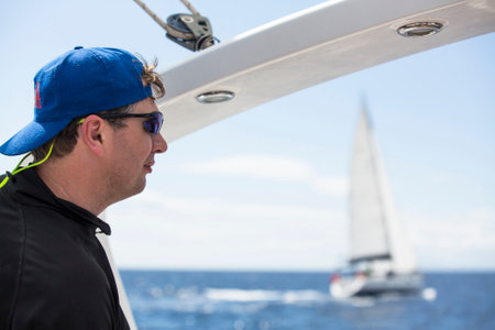 ANDROS - SYROS, GREECE - CIRCA MAY, 2014: Sailors participate in sailing regatta 11th Ellada 2014 among Greek island group in the Aegean Sea, in Cyclades and Argo-Saronic Gulf.のeditorial素材